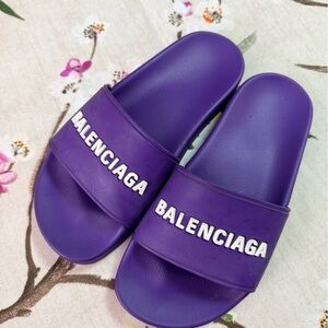 Balenciaga Purple Logo Slide Sandals - Women's